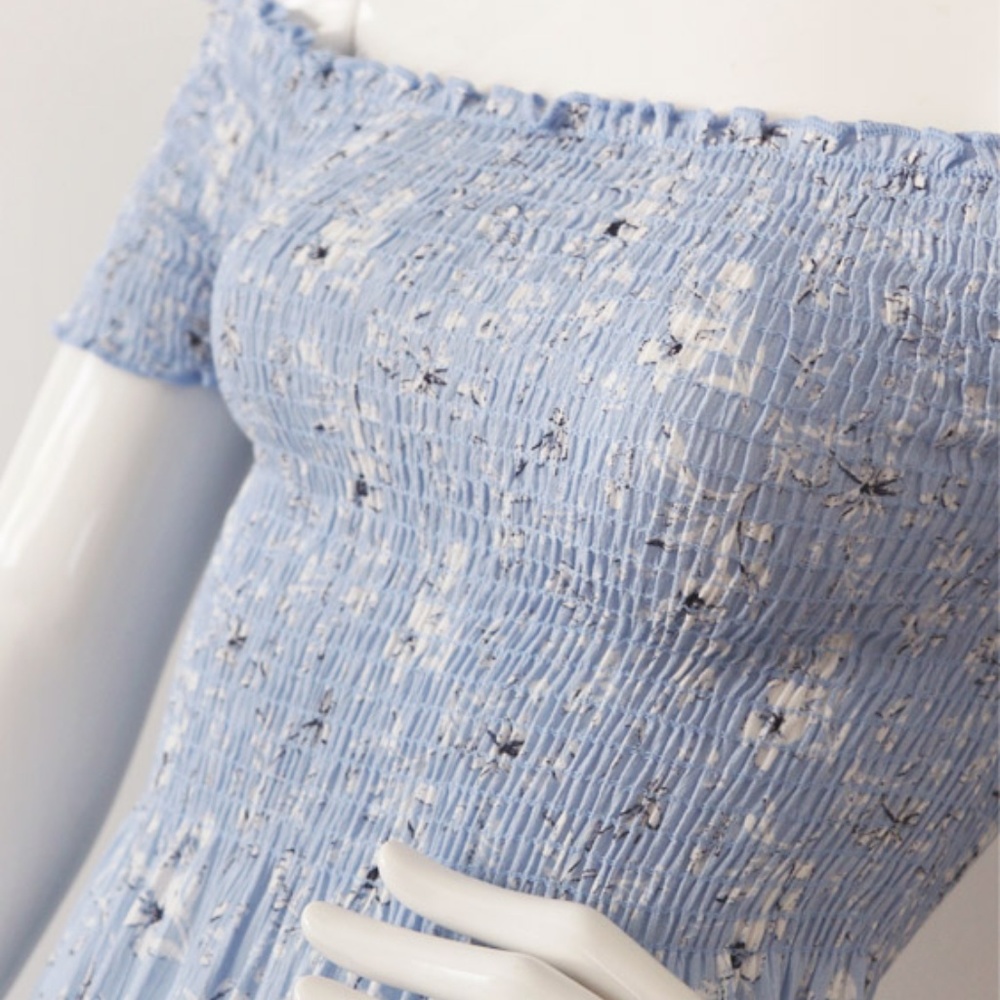 Light Blue Floral Smocked Off Shoulder Maxi Dress - Picture 2 of 8